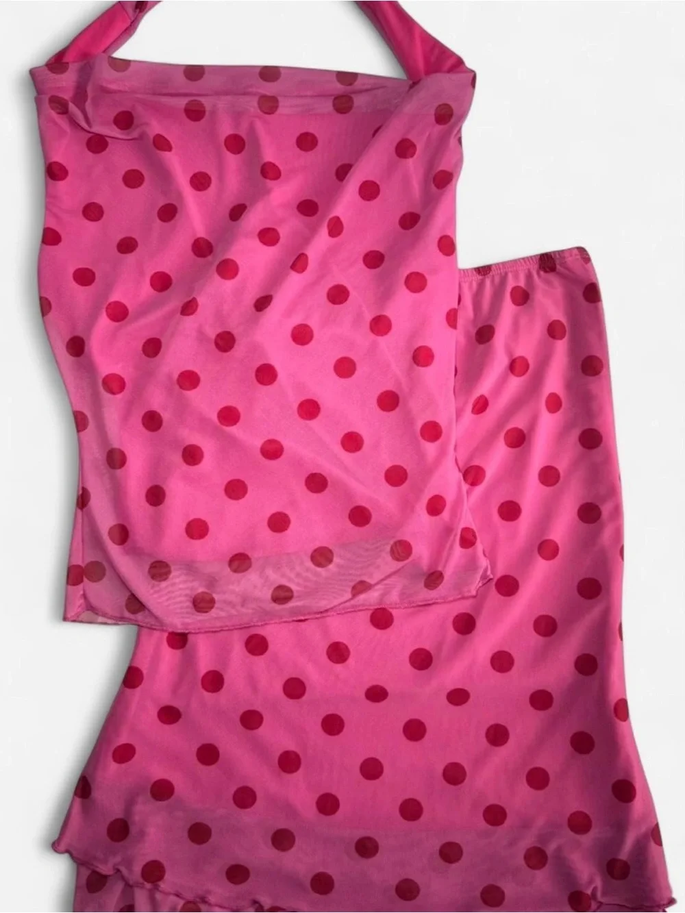See You Monday Pink Polka Dot 2-Piece Skirt Halter Cowl Top Set - Size S - New